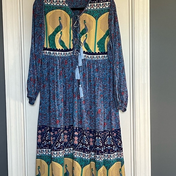 R. Vivimos Boho Festival Midi Blue/Yellow Peacock Print Dress Womens Sz L EUC - Picture 2 of 15